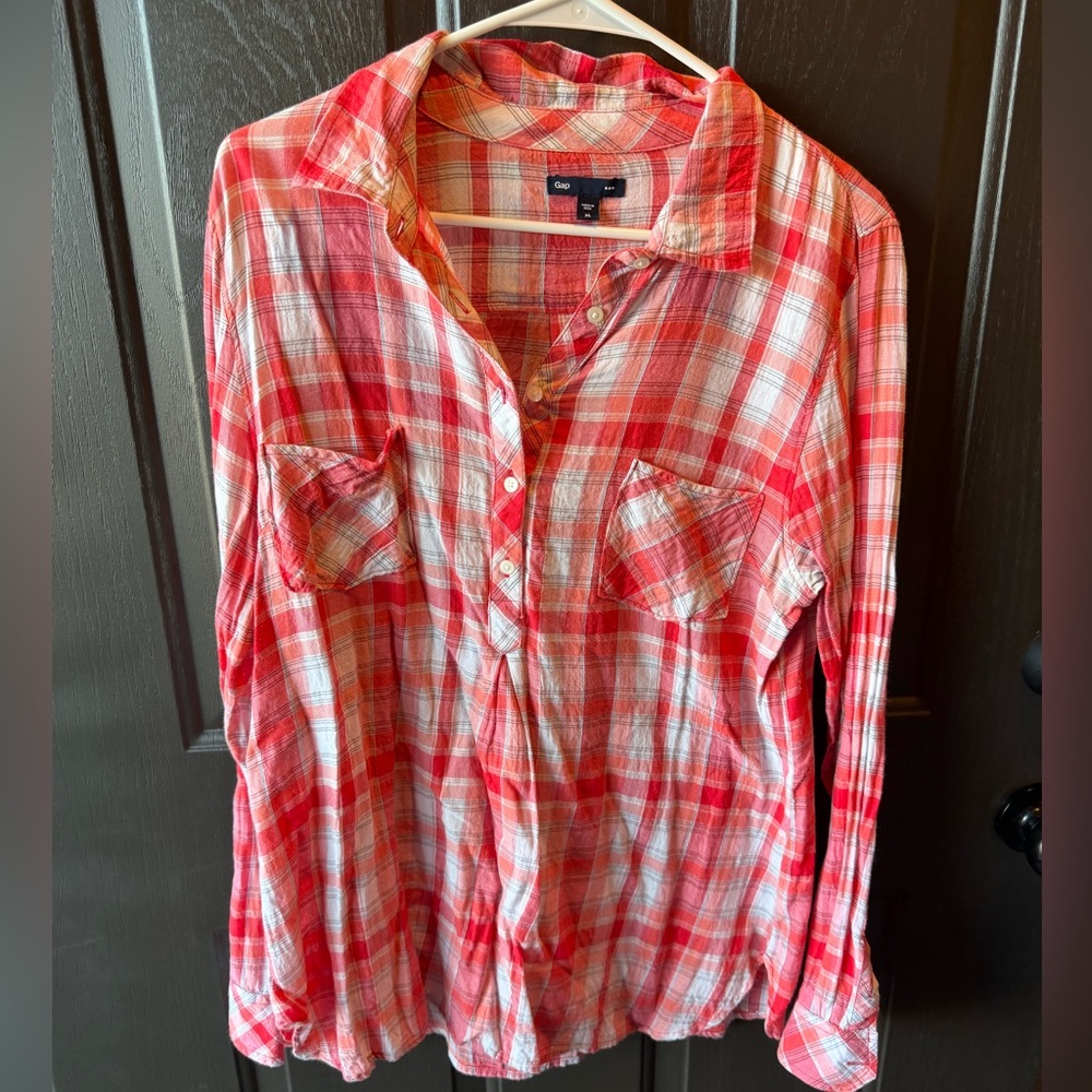 Red and White Plaid Button-Up Shirt